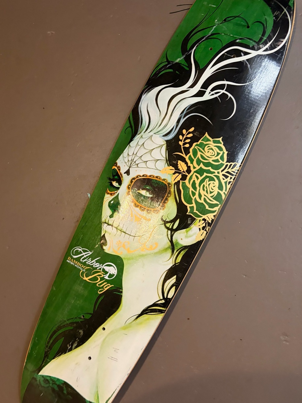 Arbor Day of the Dead Longboard Bug Skateboard Deck Green Black Gold Sylvia Ji